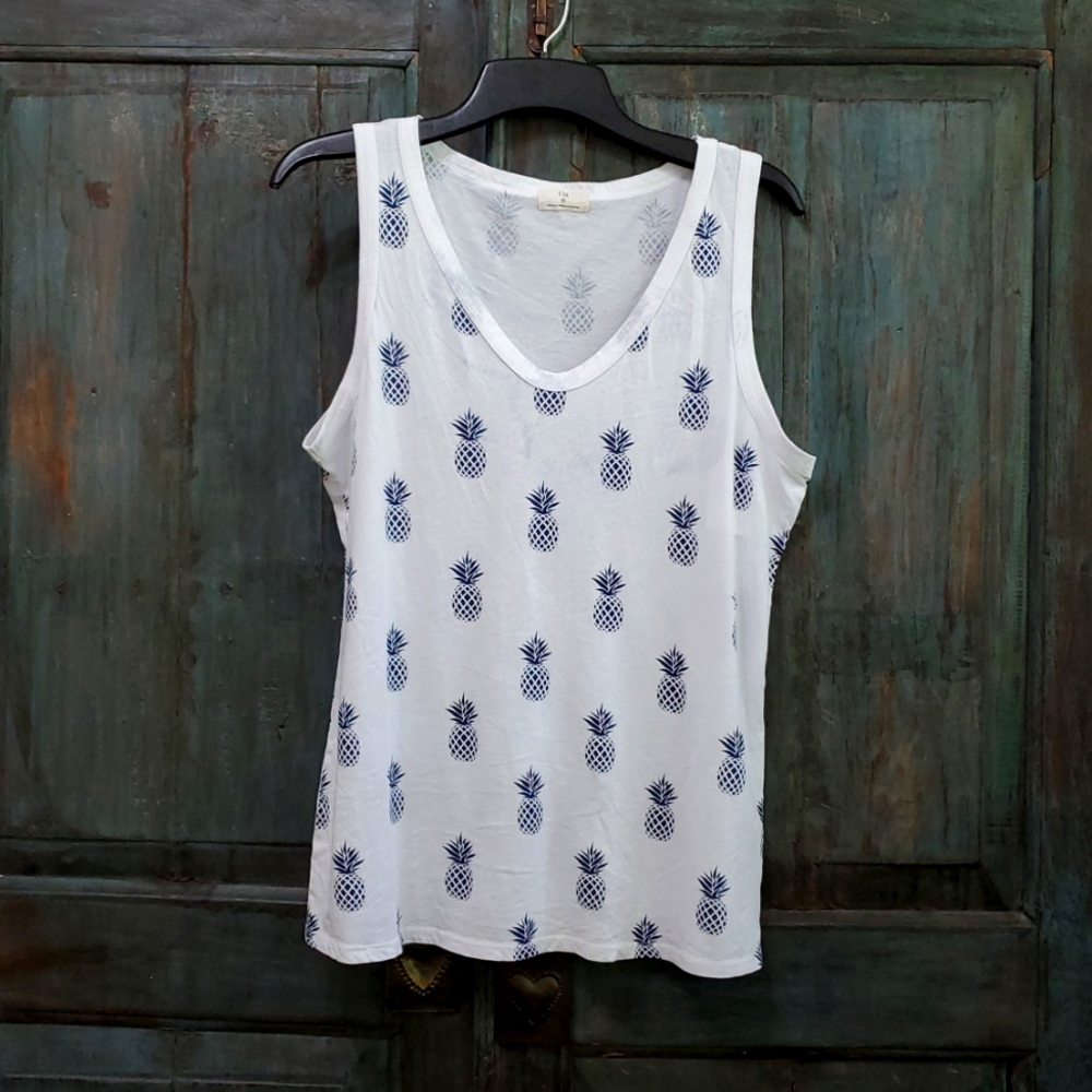 Anthropologie T.La White Navy Pineapple Print Dillon Layerig Tank Top, Size XL - Picture 2 of 8